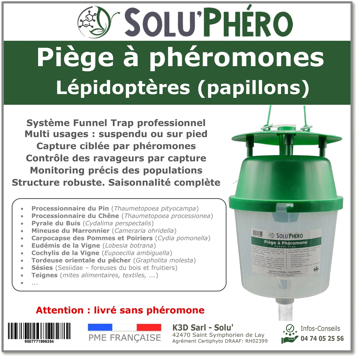 SOLUPHERO - Piège Professionnel à Phéromone Funnel Trap pour papillon (pyrale du buis, processionnaire ...) sans phéromone