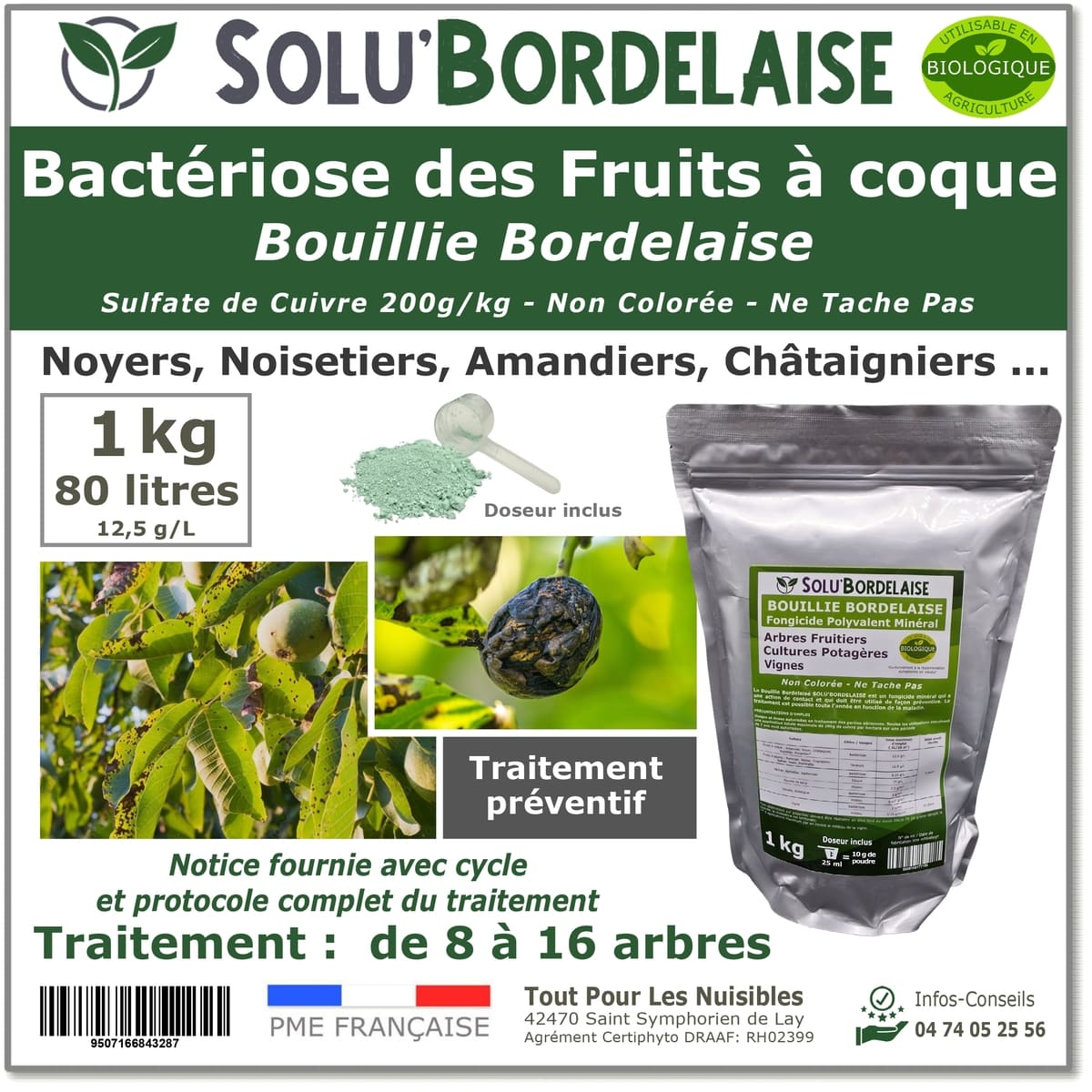 Bouillie Bordelaise Non Colorée spécial Bactériose des Fruits à coque, SOLU