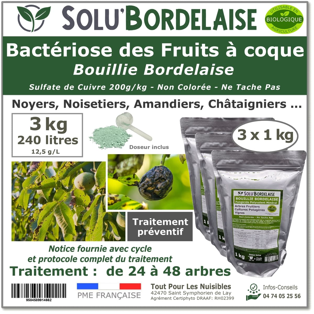 Bouillie Bordelaise Non Colorée spécial Bactériose des Fruits à coque, SOLU