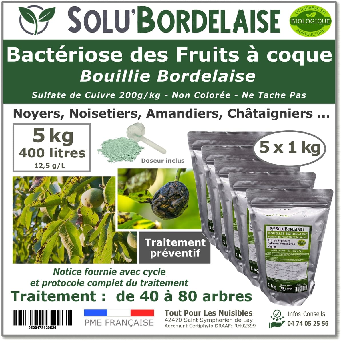 Bouillie Bordelaise Non Colorée spécial Bactériose des Fruits à coque, SOLU