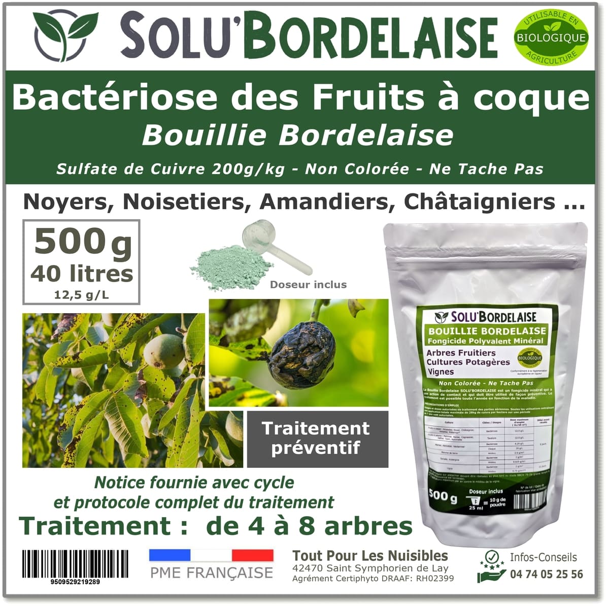Bouillie Bordelaise Non Colorée spécial Bactériose des Fruits à coque, SOLU