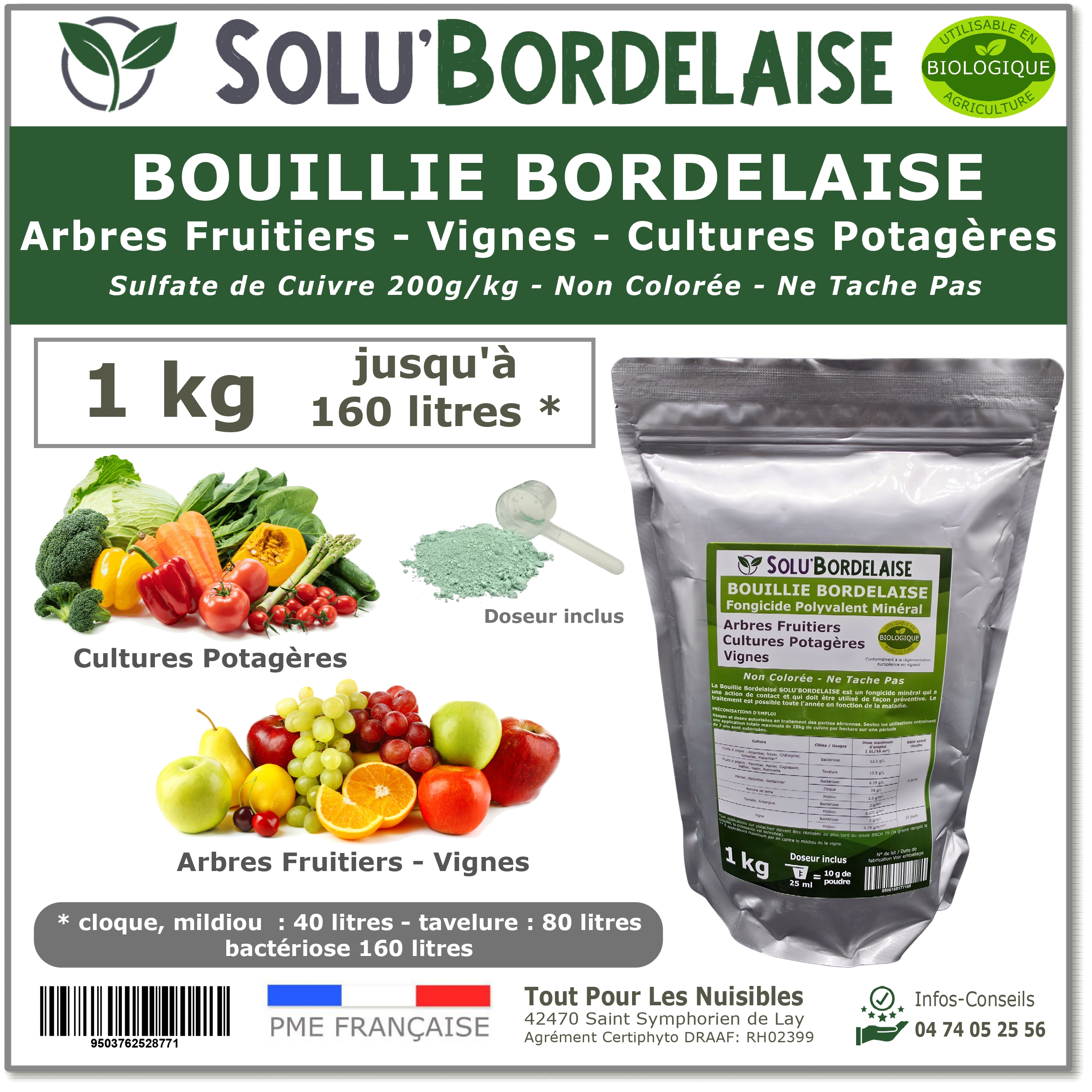 Bouillie Bordelaise Non Colorée Arbres Fruitiers, Cultures Potagères, Vignes, SOLU