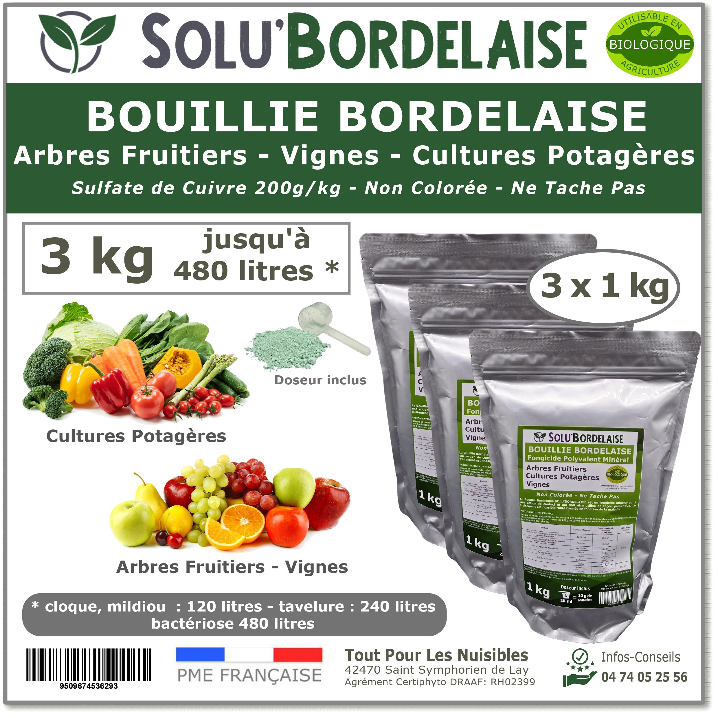 Bouillie Bordelaise Non Colorée Arbres Fruitiers, Cultures Potagères, Vignes, SOLU