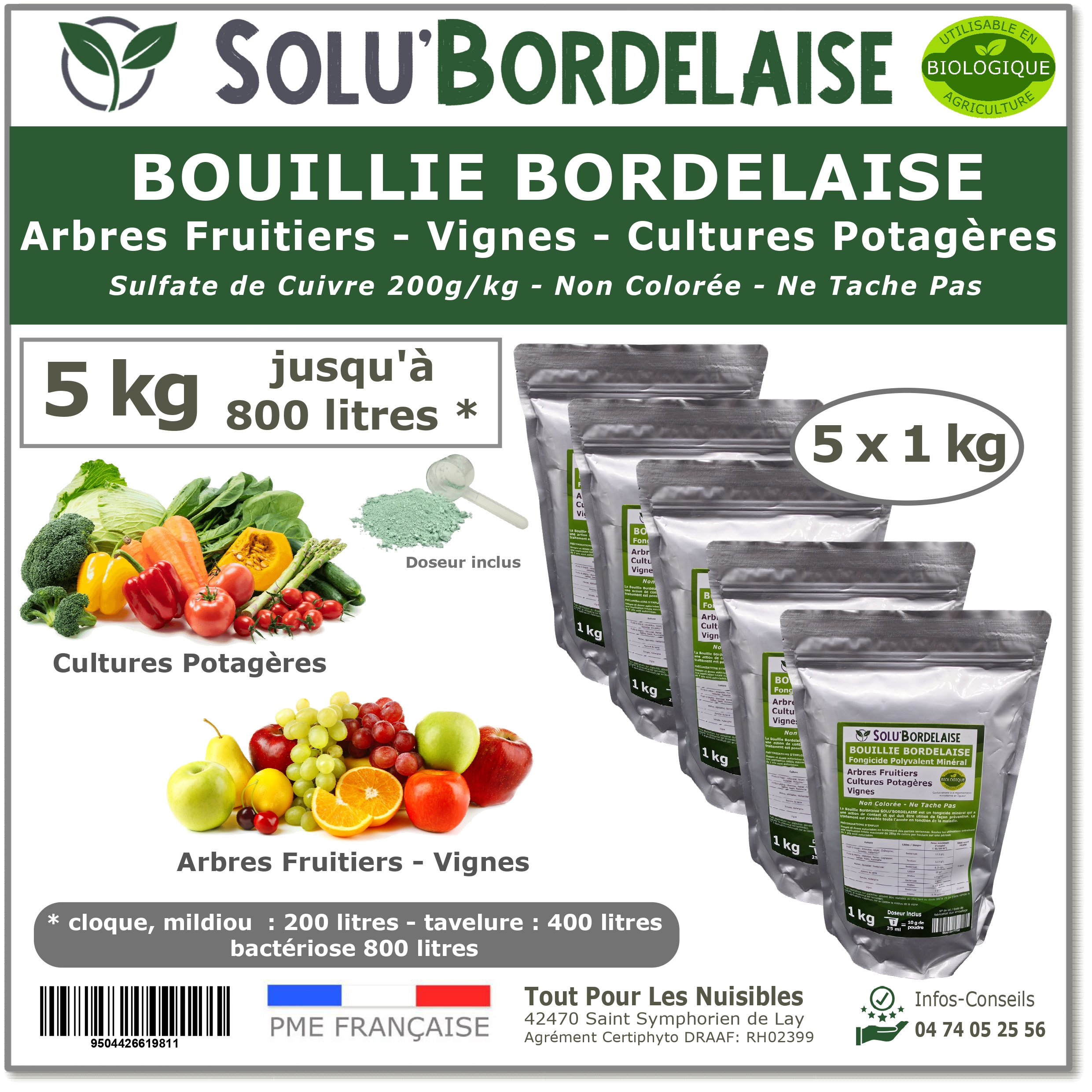 Bouillie Bordelaise Non Colorée Arbres Fruitiers, Cultures Potagères, Vignes, SOLU