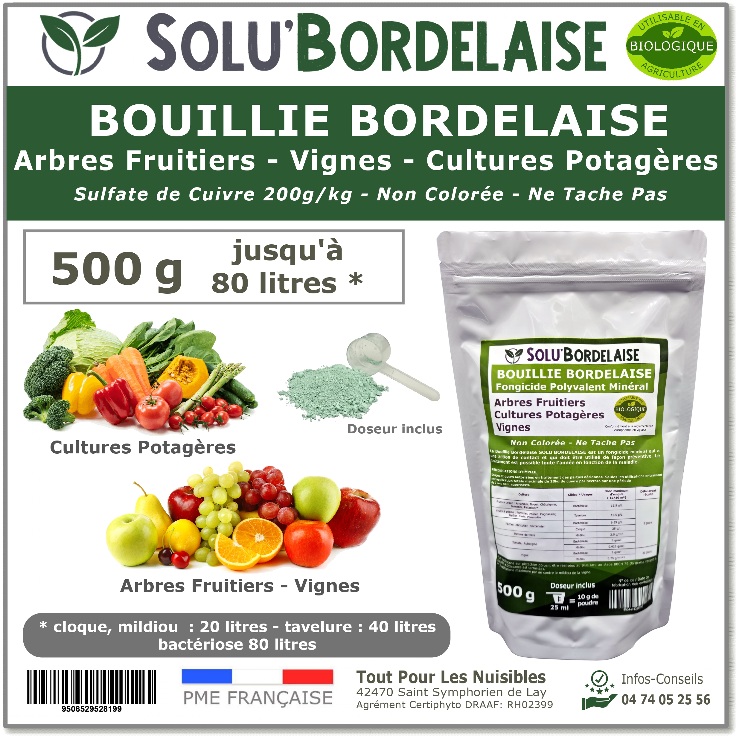 Bouillie Bordelaise Non Colorée Arbres Fruitiers, Cultures Potagères, Vignes, SOLU