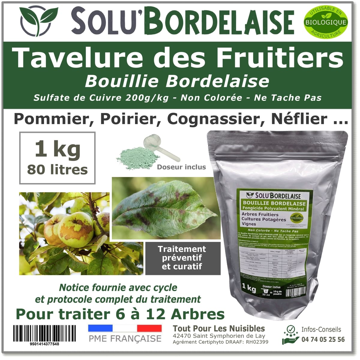 Bouillie Bordelaise Non Colorée spécial Tavelure des Fruitiers, SOLU