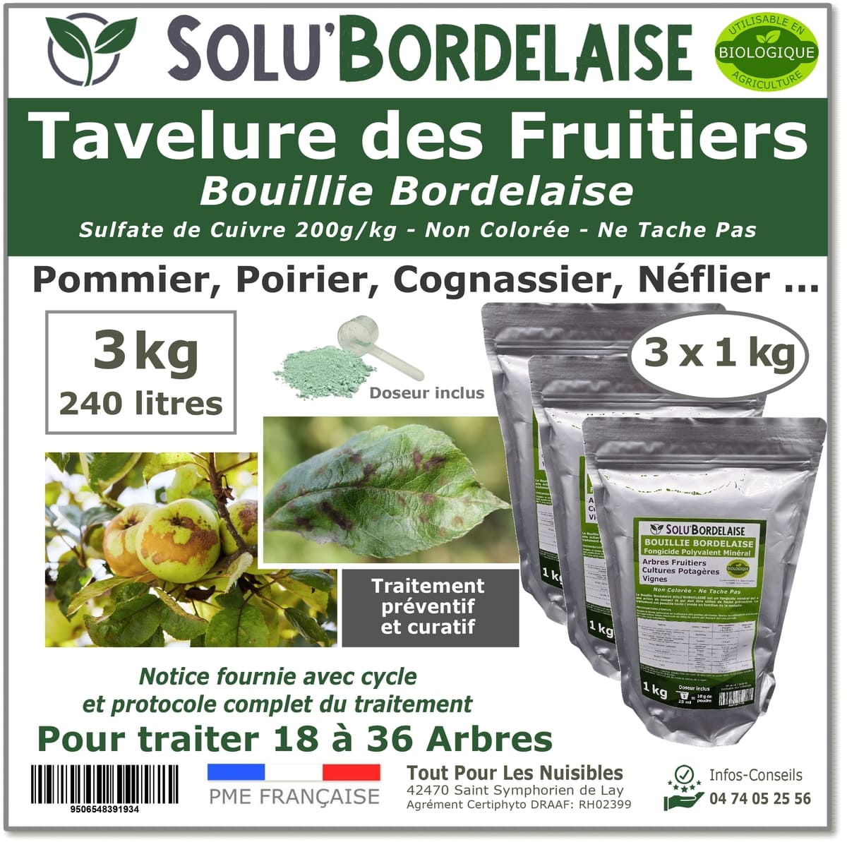 Bouillie Bordelaise Non Colorée spécial Tavelure des Fruitiers, SOLU