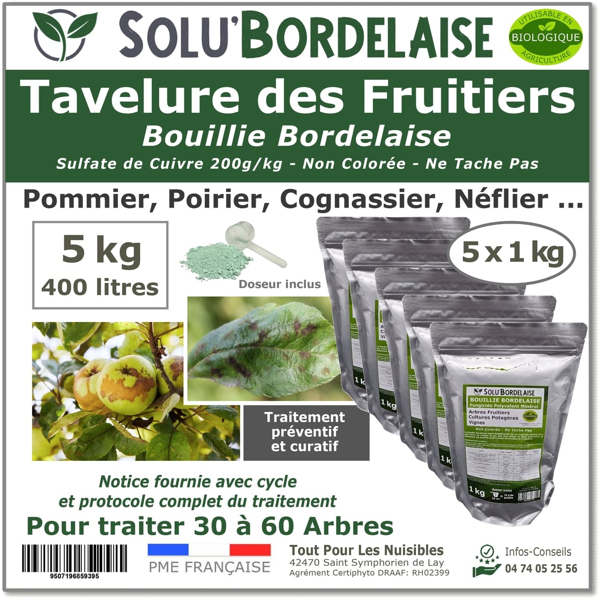 Bouillie Bordelaise Non Colorée spécial Tavelure des Fruitiers, SOLU
