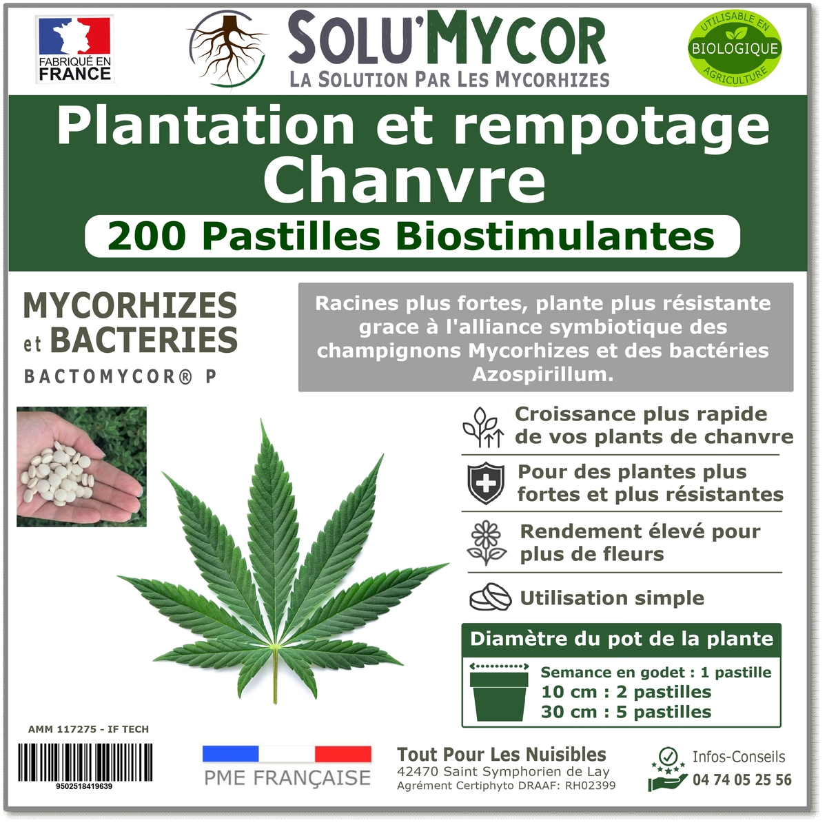 Pastilles biostimulantes MYCORHIZES et bactéries pour semis et plantation spécial chanvre, SOLU