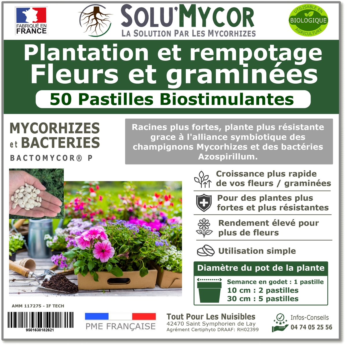 Pastilles biostimulantes MYCORHIZES et bactéries pour semis et plantation spécial Fleurs et graminées, SOLU
